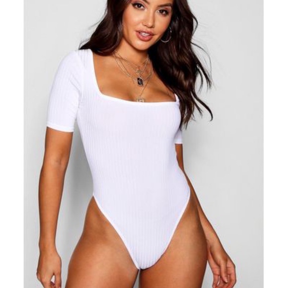 Boohoo Wide Rib Square Neck Short Sleeve Bodysuit Size 24 - Picture 1 of 9